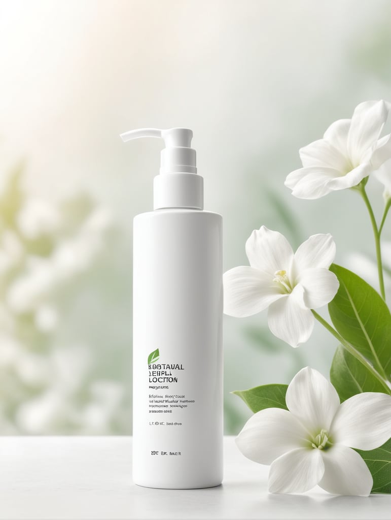 Skincare lotion bottle mockup, botanical background
