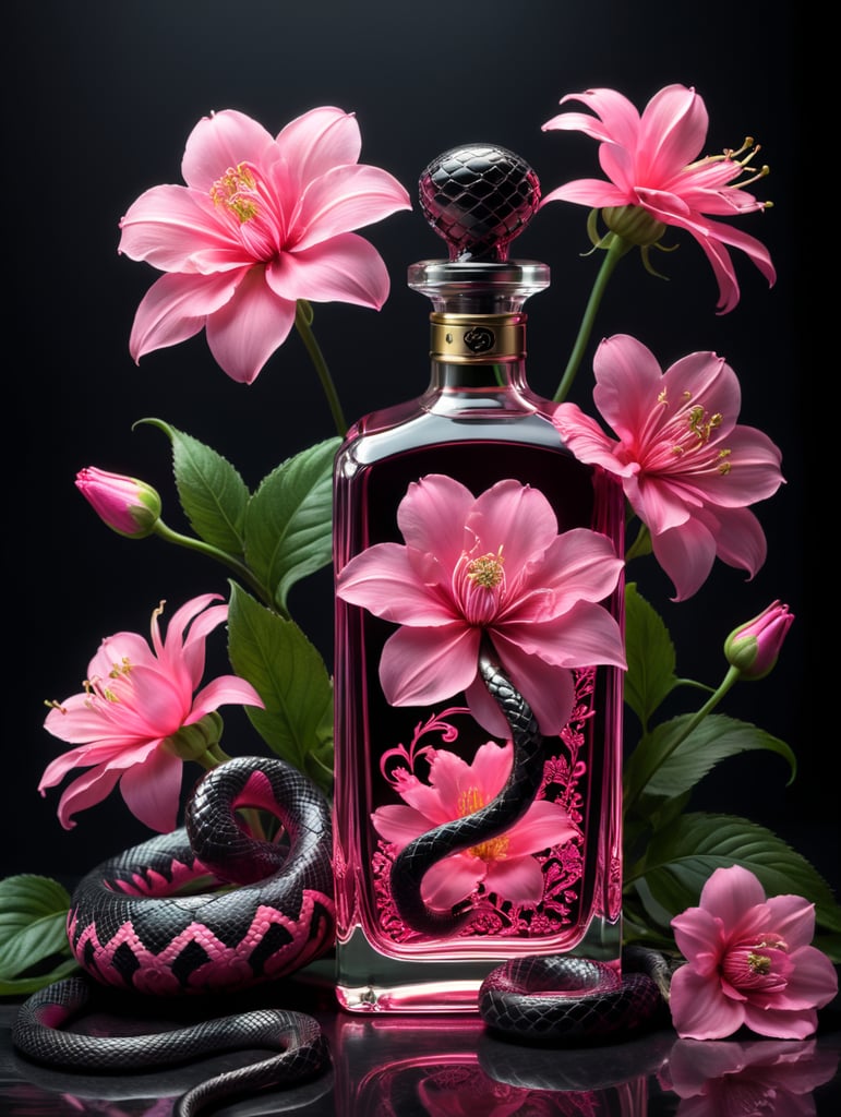 neon pink flowers, Minimalist perfume bottle, snake next to bottle