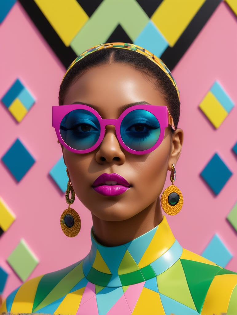 Close up from a black woman is in a colorful geometric outfit with sunglasses, in the style of cut and paste,inspired, eye-catching resin jewelry, hyper-realistic pop, light magenta and yellow, folkloric themes, light green and blue. Her location is in Aberobello in italy .she dressed in geometric patterns.Nikon 35mm, gran format, 50mm lenses, ISO 3000, photo realistic, F22, 32K --ar 9:16