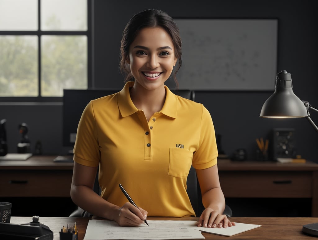 happy worker behind desk, using plain yellow polo tshirt, with a pen on her hands smiling, no background