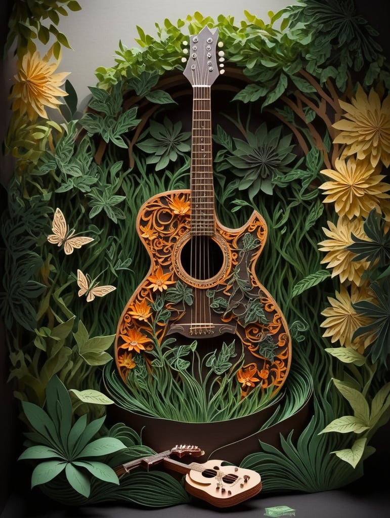 A garden where the plants are made of guitars