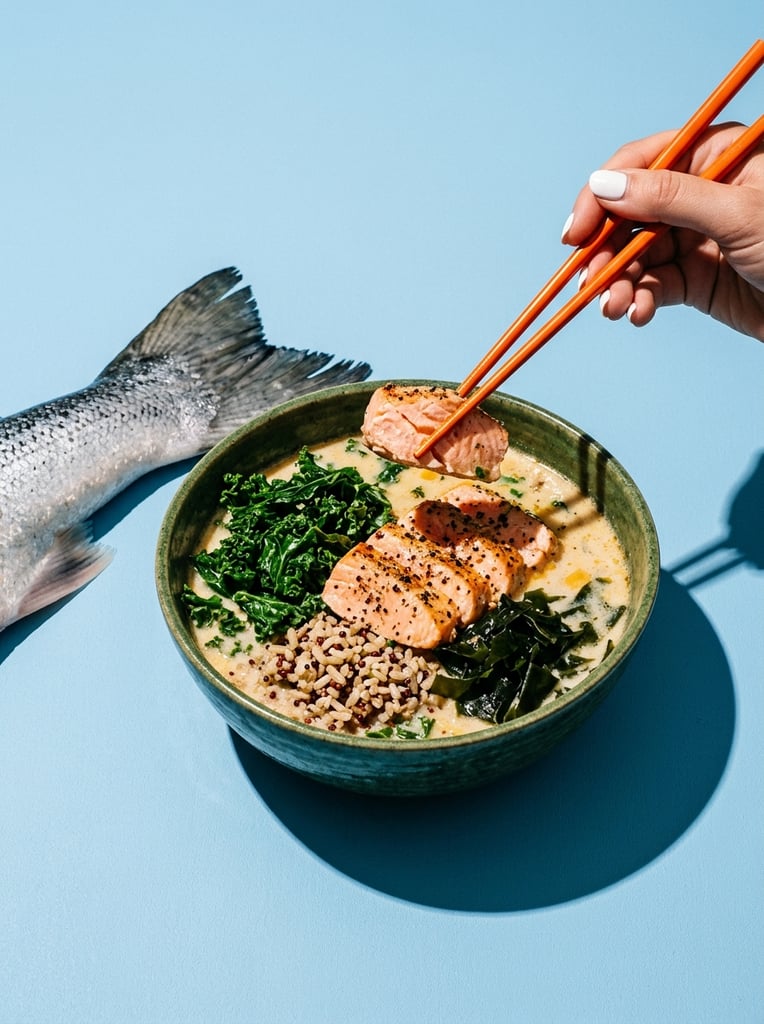 A dark green ceramic bowl of creamy broth topped with sliced salmon, vibrant kale, mixed grains, and seaweed. A hand with white fingernails reaches from the upper right, using bright orange chopsticks to lift a piece of fish. A raw, silver-scaled fish tail extends leftward from behind the bowl. Set against a solid light blue background, hard directional studio lighting creates crisp, high-contrast drop shadows to the lower right, emphasizing the bold graphic arrangement and saturated colors.