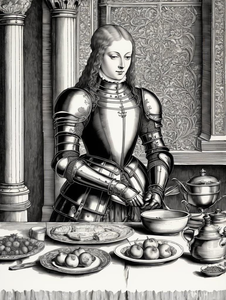 knight glove holding Mirabelle brunch, 15th century, engraving, ink, europe, style of Albrecht Dürer, illustration,