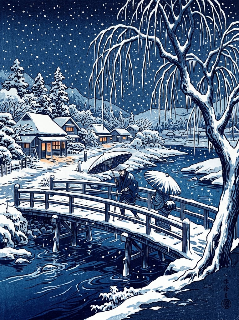 two figures with open umbrellas walking across a wooden bridge in a snowstorm, large snow-laden weeping willow tree framing the right foreground, deep blue flowing river below, traditional village houses with warm glowing windows in the background, falling white snowflakes, deep indigo night sky, traditional Japanese woodblock print style, monochromatic blue color palette with stark white snow accents
