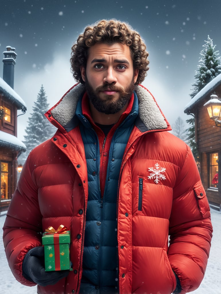 portrait of a bearded curly man wearing red puffer jacket, stands front camera with gift box his hand, snowy weather, Christmas time