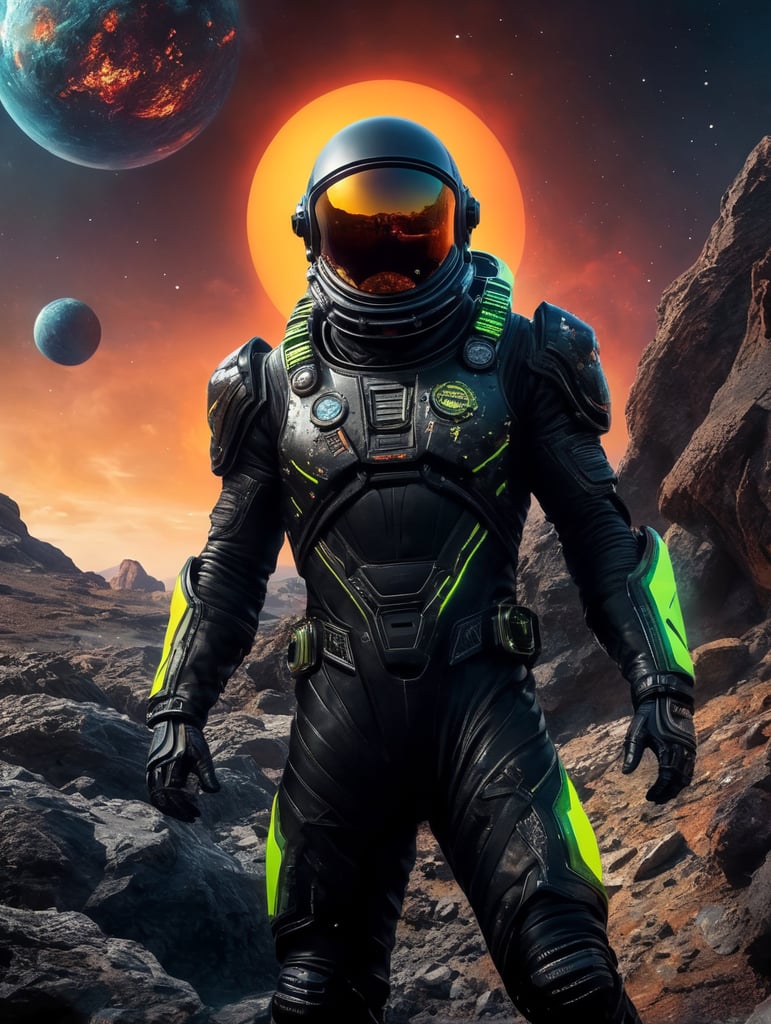 Space traveler in a black rock in middle of the universe. futuristic slim Astronaut suit with neon futuristic unique helmet , super hero style suit, warrior style suit, energy blast in the background, space war, more neon, energy explosion, fluor colours, vibrant, saturated, graffiti on the suit. Rocks like mars planet