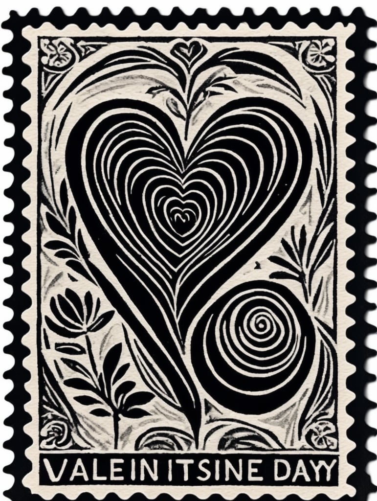 Black and white linocut postage stamp Valentine's Day thick bold dark lines