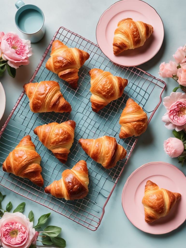 Cookbook photo, top - view, wire cooling rack, croissants, with a floral, allow, banner, pink and pastel blue, farmcore