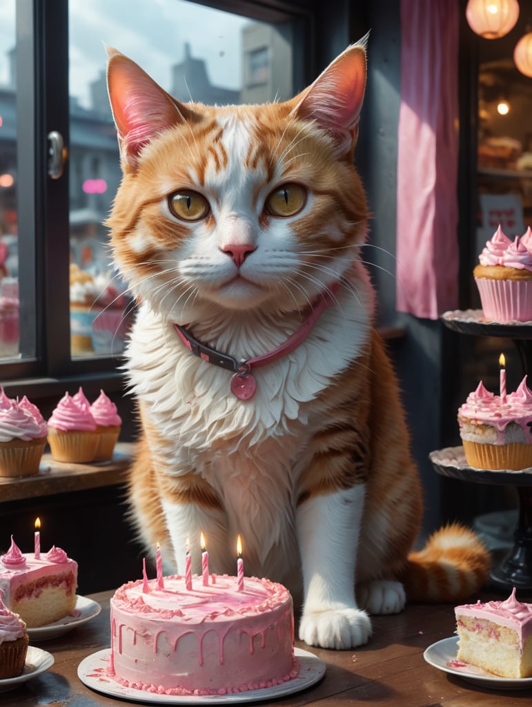 Mem of a A female white and light brown cat with a very sad face and poor and torn clothes, her look is inside a cake shop, there is a beautiful pink birthday cake next to the cat and the female cat is looking at that cake.. In the style of colored comics memes
