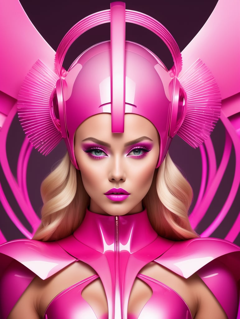 A beautiful blonde female pop artist all pink sleek futuristic outfit, with huge headpiece center piece, clean makeup, with depth of field, fantastical edgy and regal themed outfit, captured in vivid colors, embodying the essence of fantasy, minimalist