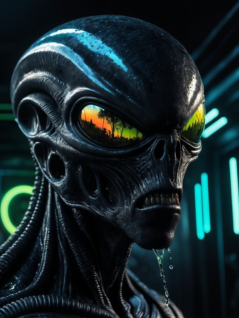 Alien camping trailer made of black alien liquid, translucent with neon lights, liquid dripping from the trailer, dark atmosphere