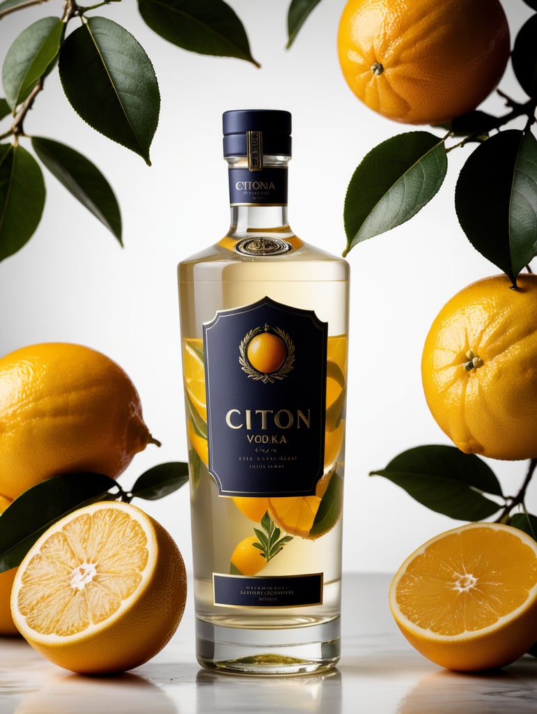 Packaging and branding for a citron vodka brand as if it had been designed by HI ESTUDIO with In a set design with citrus fruits, citrus fruits and dry citrus leaves.