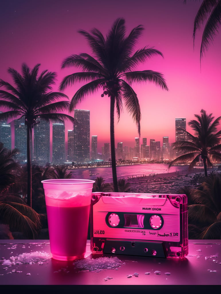 pink cassette tape with a red plastic cup next to it. Cocaine, Palm trees And a Miami Background nighttime neon lights