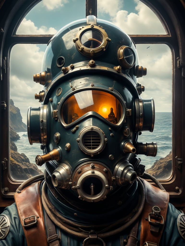 old diver helmet with the big glass window, circled by retro looking rocket