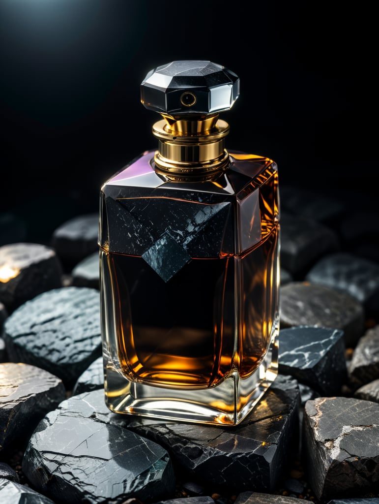 professional photography of a luxury perfume, square chrome bottle, faceted black stone in the form of a cap, in the space, no label, clear, mockup