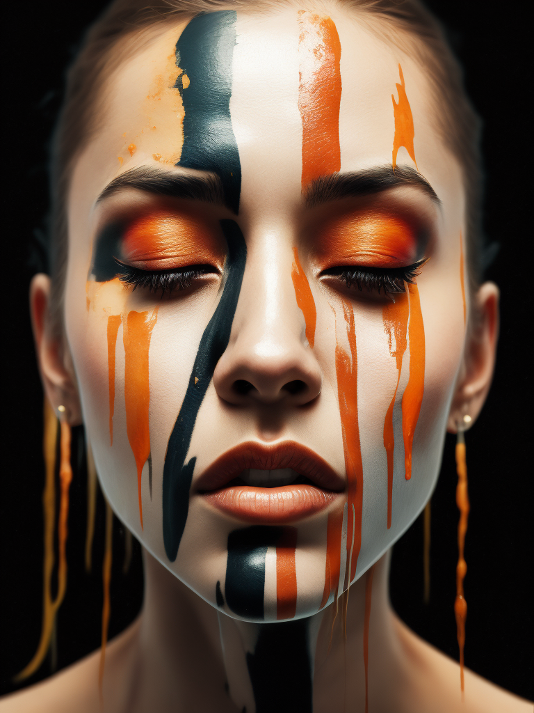 Portrait of a girl with a painted face and paint flowing from her face, closed eyes, black background