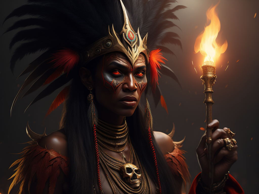 full-length portrait of a witch doctor wearing a feather headdress, holding a glowing skull floating in hand, red face warpaint, ghostly, native symbols, fantasy concept art, highly detailed