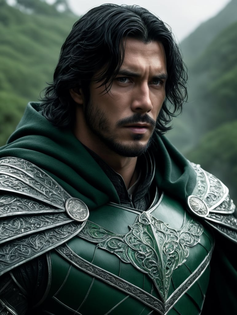 Young Sorcerer with medium length black hair in white and green leather armor and cloak magically summoning thorny briars covering the ground