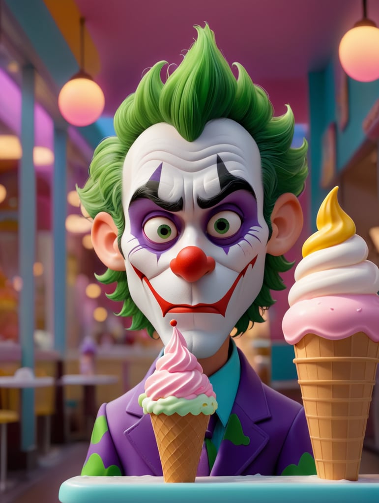 A portrait of the sad joker looking sad in an ice cream shop, in the style of a cartoon, bright and saturated colors, depth of field