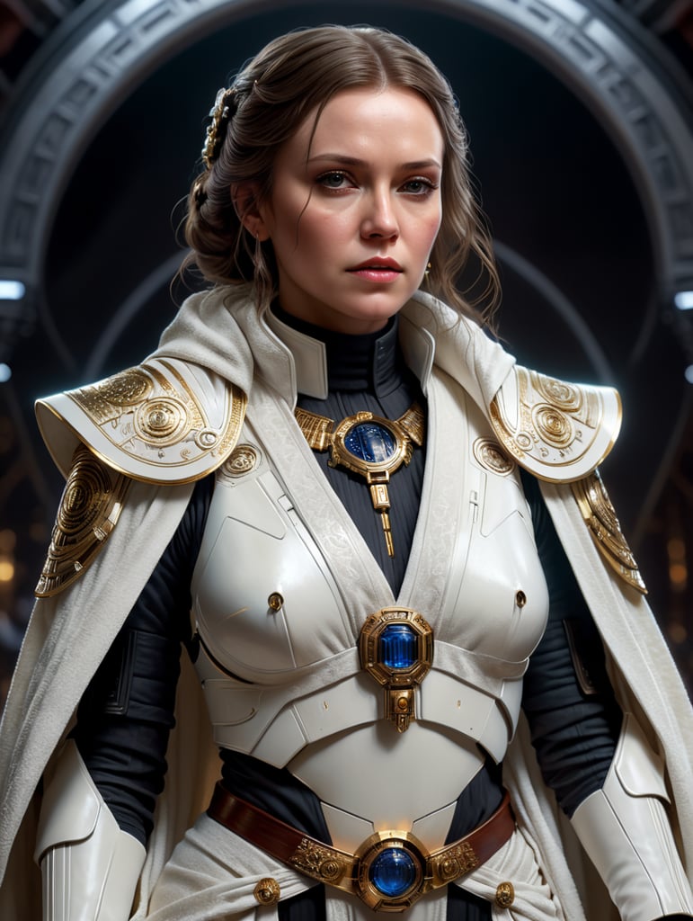 A female Star Wars Senator, in a white robe, luxurious.