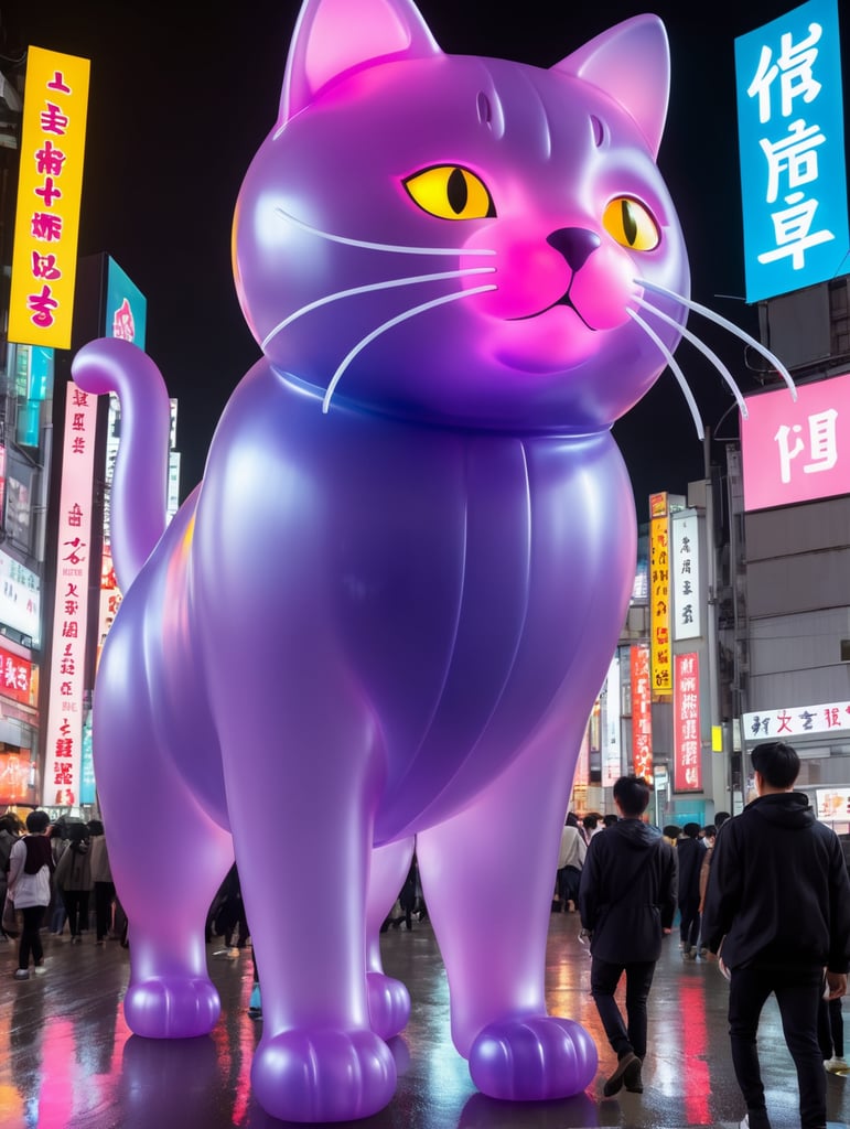 A giant Japanese gummy cat, translucent, 4 stories tall, walking through Tokyo at night, neon rainy city, cyberpunk, techno city