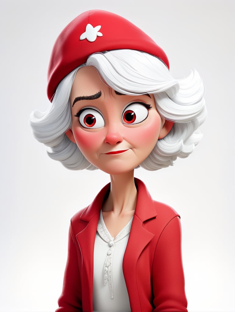 a young women with white hair and red hat on his head is wearing a white lacket, isolated, white background