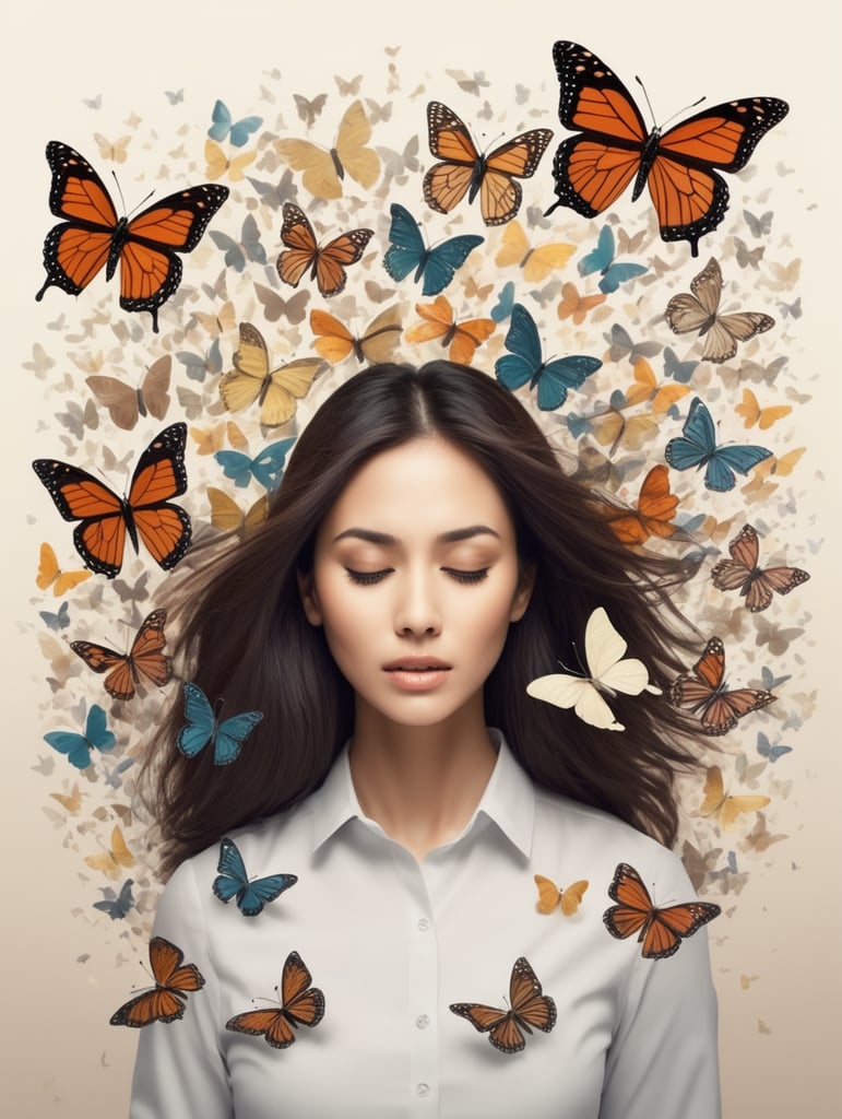 Create a strong, bold text saying "Women Overwhelmed: Workload Stress", that fades away into butterflies as it gets closer to the bottom