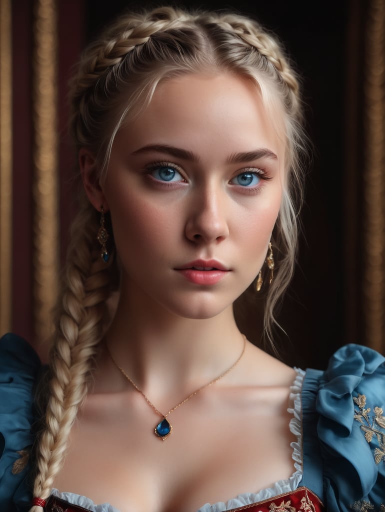 frontal close-up photo of a cute teenage girl with Russian blonde braids and blue eyes, wearing a ruffled red dress with a deep neckline, in a Renaissance palace, pastel colors
