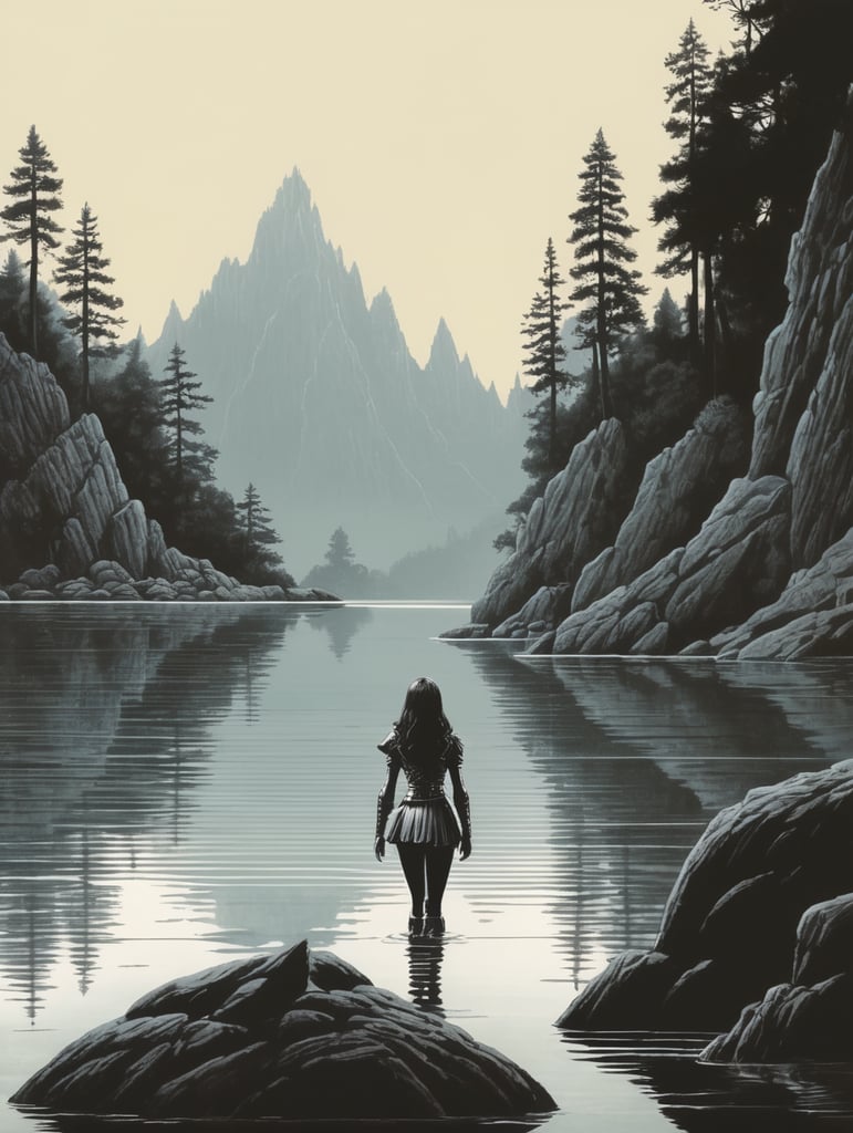 Beautiful revealed girl in lake, minimalist, 1970's dark fantasy book cover paper art, dungeons and dragons style drawing, by larry elmore