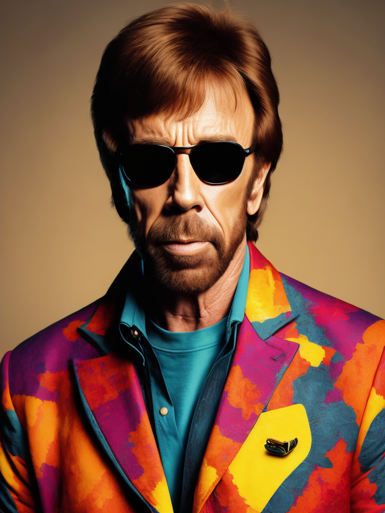 Chuck Norris wearing a brightly patterned jacket and wayfarer glasses, Vivid saturated colors, Contrast color