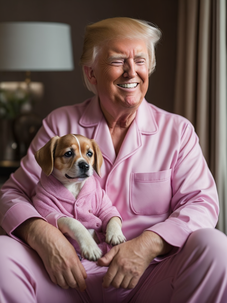 Donald Trump in pink pajamas laughing, holding a cute little dog in his hands, bright and saturated colors, detailed portrait, realistic style