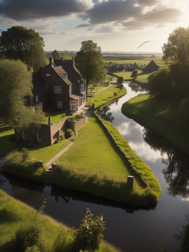modern day ducth countryside canals and nature in the style of the dutch golden age artists rembrandt and vermeer. make refrence to the british artist turner, beautiful high detail