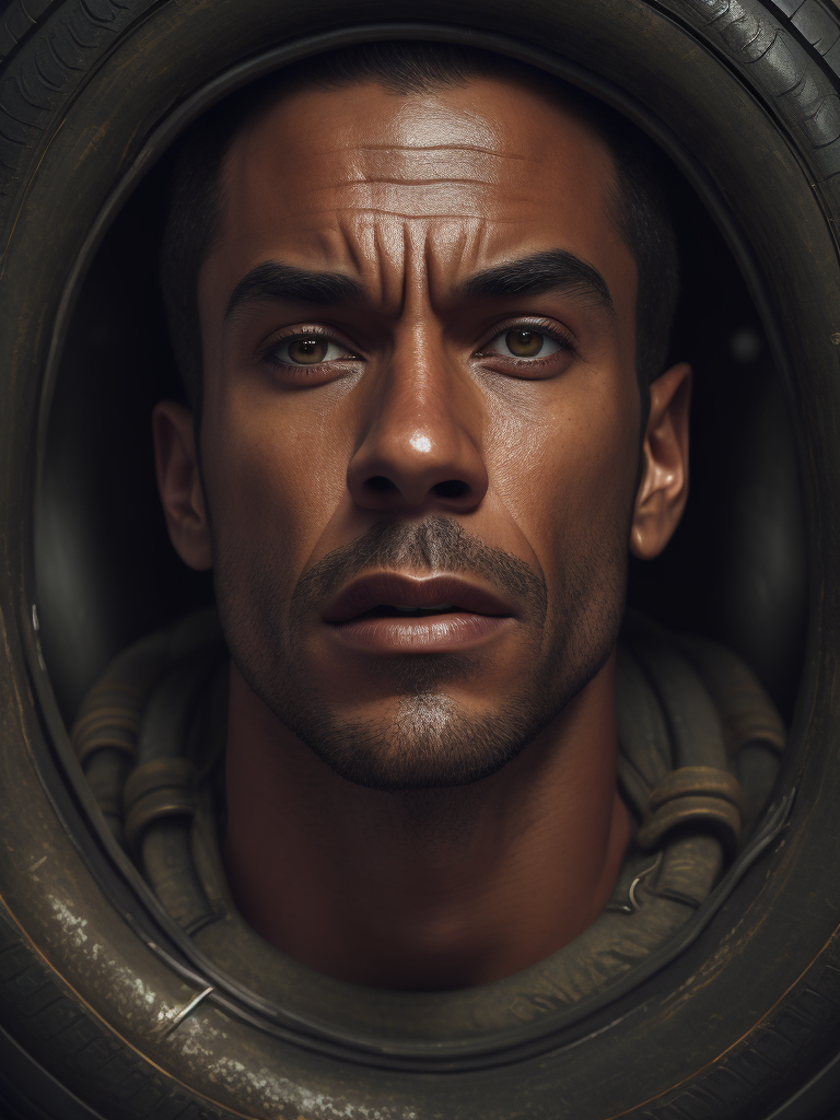 a man is surrounded by tire and tires in a pile of them, looking up at the camera man is surprised, a stock photo, concept, only face