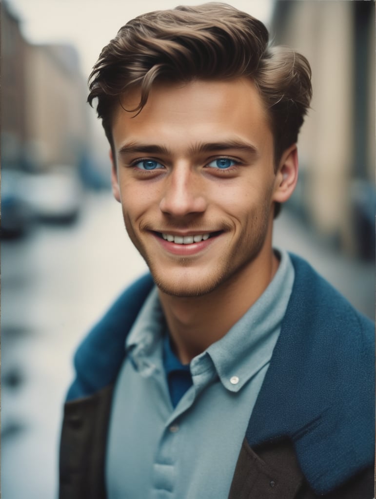 Portrait of a smiling young man, twenty years old with brown hair and blue eyes, looking past us, childish, moody atmosphere by Saul Leiter