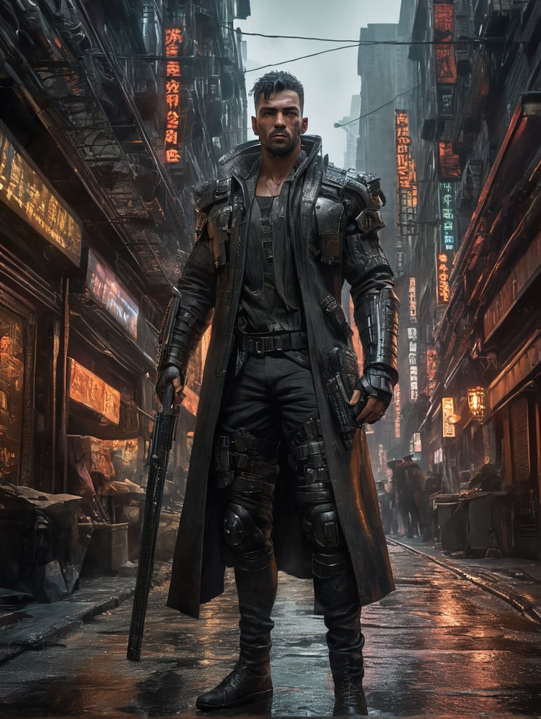 Cyberpunk warrior in a narrow New York street noir portrait