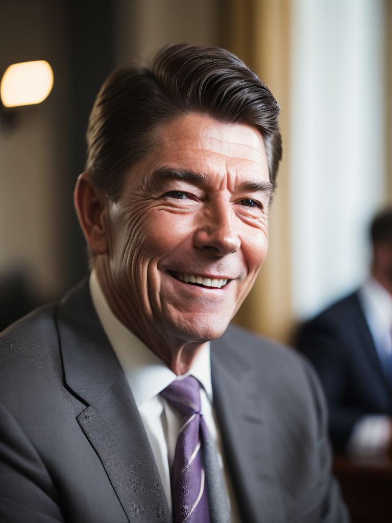 Portrait of ronald reagan in a dark gray suit, portrait in the white house oval office, sharp focus, highly detailed, photorealistic photoreal: 1.4, lifelike,highly detailed CG unified 8K,looking at the viewer smiling, (HQ skin:1.4), 8k uhd, dslr, soft lighting, high quality, film grain, Fujifilm XT3, smiling front camera.