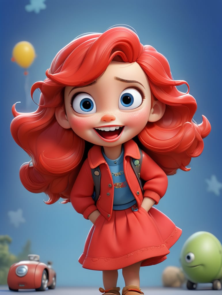 photo happy little girl going to travel, cute girl, dressed in all red, blue background, harpers bizarre, cover, headshot, hyper realistic