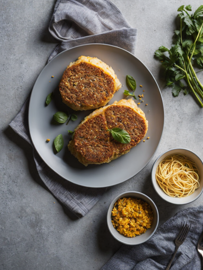 cutlet stuffed with pasta feathers, pasta is inside the cutlet, the cutlet is cut in half, pasta feathers is visible in the cut, the cutlet lies on a plate