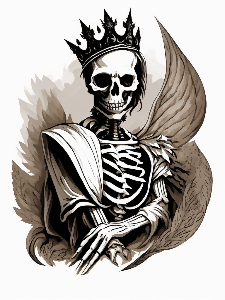 A vector art of a queen skeleton tattoo, linocut, white background, albrecht durer