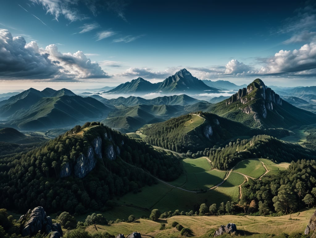 a landscape with gentle hills in the foreground, blue rich mountains in the background, a cold sea, forest, a cloudy blue sky, low horizon,