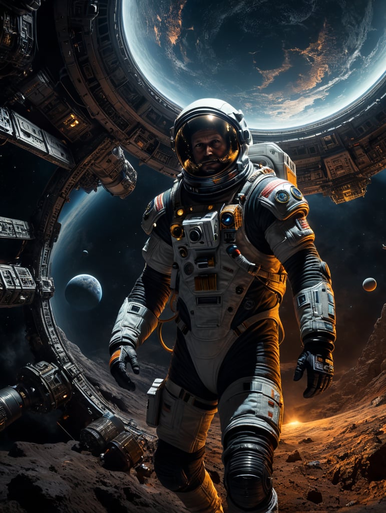 astronaut står omringet af træer om natten det er et skarpt lys, fra en ufo der er styrtet ned i baggrunden