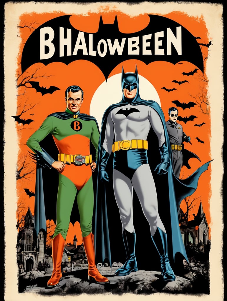 1950's b-movie horror halloween t-shirt print design featuring a batman and robin