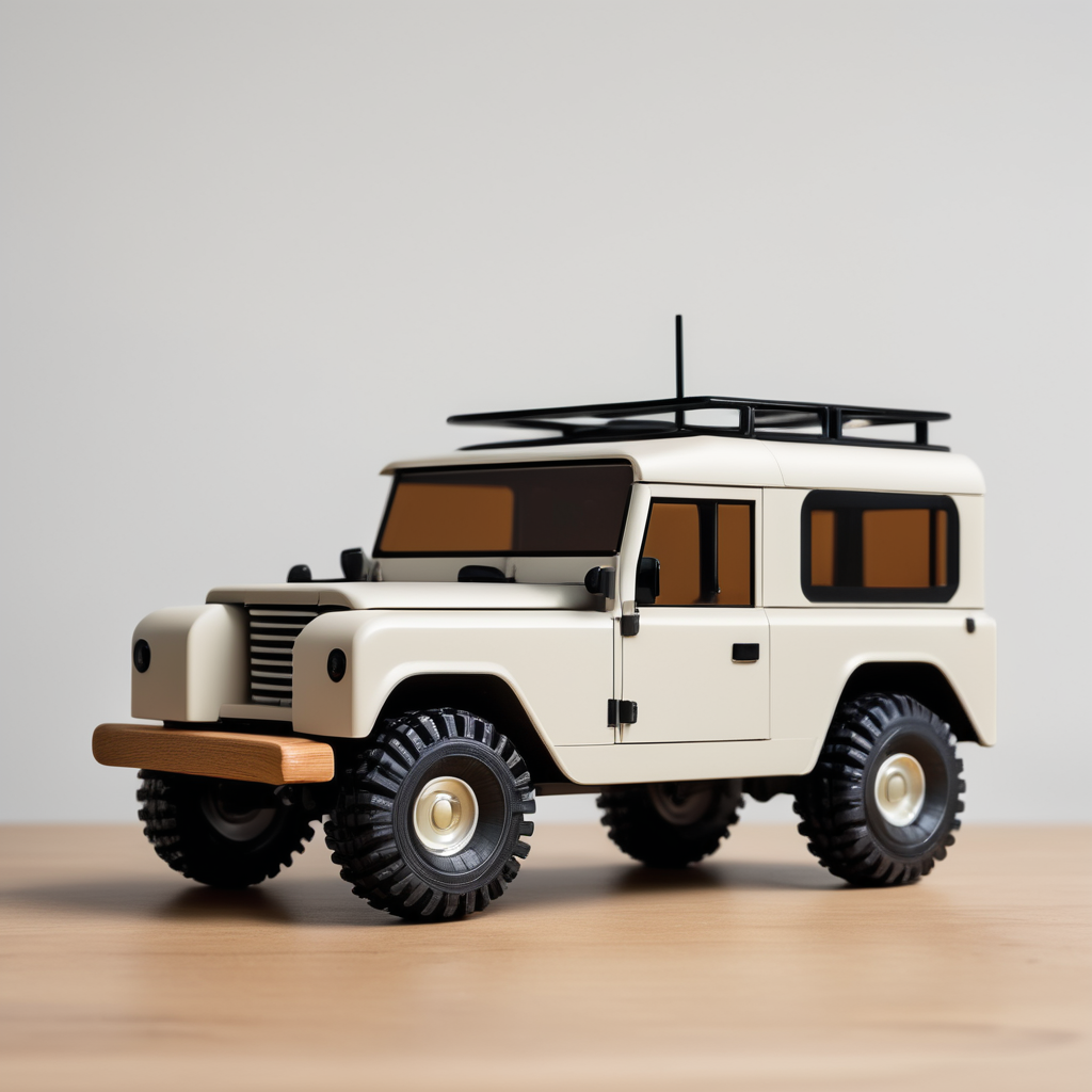 Small toy landrover jeep designed by Dieter Rams. Oversized wheels. Ultra minimalist industrial design. Oak and injection molded plastic. Full object in view. Wide hull. Chibi style.