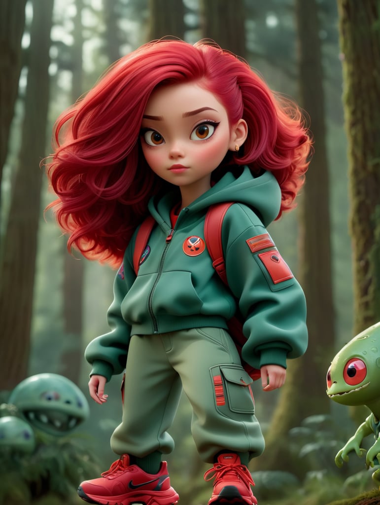 A young beautiful girl in futurestic HOODY jacket and pants and red hair against the backdrop of a alien space forest in red-burgundy tones, blurred background, focus on the girl, detailed cloth, Dramatic Lighting, Depth of field, Incredibly high detailed shoes make from dark slime, venom, sci-fi, alien, deep atmosphere, dark, saturation, vibrance, sharp bright and saturated colors, elegant, highly detailed, vogue, fashion magazine,