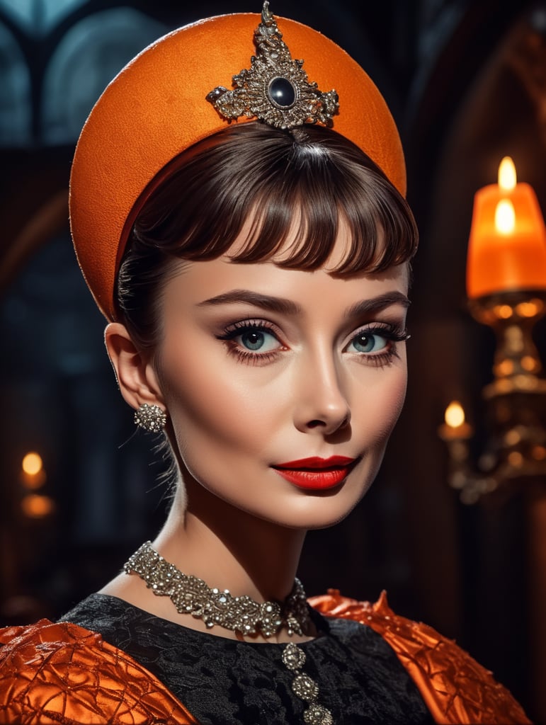 Audrey Hepburn in Halloween costume, Vivid saturated colors, Contrast color