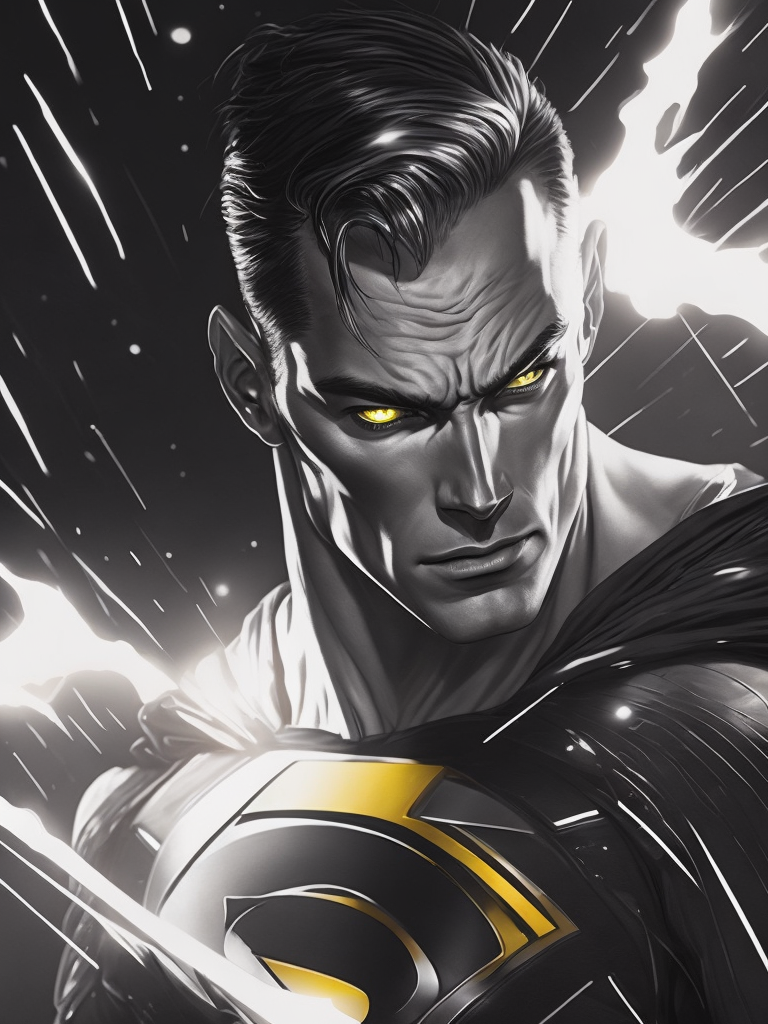 silver superman with laser from eyes shooting, precision in details, cinematic, bold, cartoonish lithographs, chrome reflections, energetic