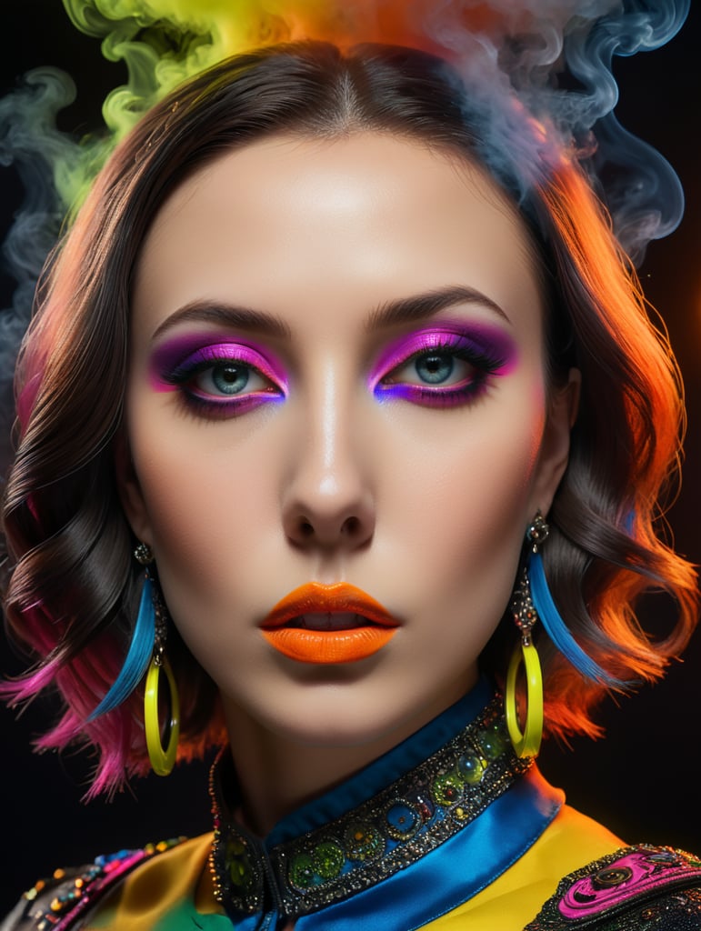 editorial fashion portrait, perfect face, smoke eyes, masterpieces, neon colors, style laurie simmons, pop art, sharp