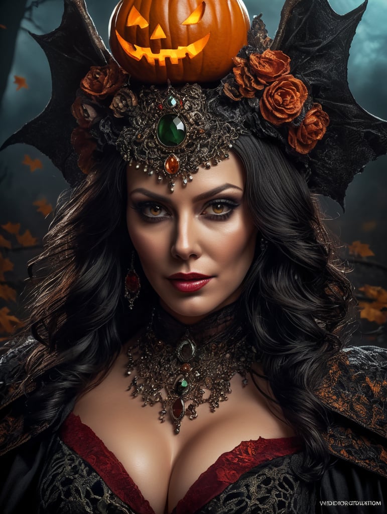 Monica Belluci as an evil character wearing creeoy and spooky Halloween costume, Vivid saturated colors, Contrast color