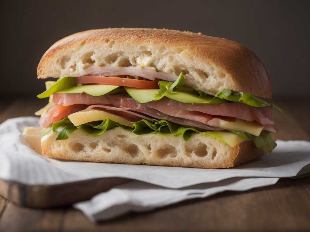 submarine-style baguette sandwich with ham, sliced cheese, salad, mayonnaise, pickle, tomatoes