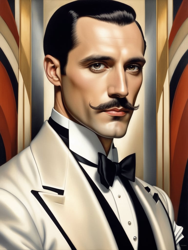 a painting of a man wearing a tuxedo in the art deco style of tamara de lempicka